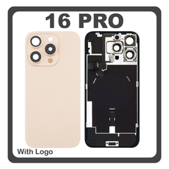 HQ OEM Συμβατό Με Apple iPhone 16 Pro, iPhone 16Pro (A3293, A3083) Rear Back Battery Cover Πίσω Κάλυμμα Καπάκι Πλάτη Μπαταρίας + Metal Plate + Camera Lens Τζαμάκι Κάμερας + Magsafe + NFC + Flashlight Desert Titanium Χρυσό (Premium A+)