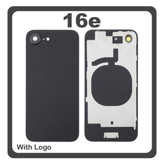 HQ OEM Συμβατό Με Apple iPhone 16e, iPhone16e (A3212, A3409) Rear Back Battery Cover Πίσω Κάλυμμα Καπάκι Πλάτη Μπαταρίας + Metal Plate + Camera Lens Τζαμάκι Κάμερας Black Μαύρο (Premium A+)