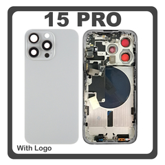 HQ OEM Συμβατό Με Apple iPhone 15 Pro, iPhone 15Pro (A2848, A3101) Rear Back Battery Cover Middle Frame- Housing Πίσω Κάλυμμα Καπάκι Πλάτη Μπαταρίας + Power Button + Volume Button Flex Cable + Sim Card Tray + Flashlight Flex + NFC Natural Titanium Γκρι (Premium A+)