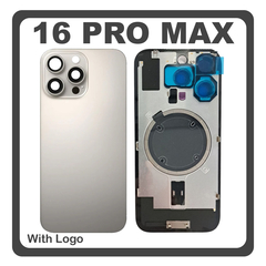 HQ OEM Συμβατό Με Apple iPhone 16 Pro Max, iPhone 16 ProMax (A3296, A3084) Rear Back Battery Cover Middle Frame - Housing Πίσω Κάλυμμα Καπάκι Πλάτη Μπαταρίας + Camera Lens Τζαμάκι Κάμερας + Magsafe + Sim Tray Natural Titanium Γκρι (Premium A+)