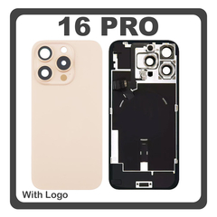 HQ OEM Συμβατό Με Apple iPhone 16 Pro, iPhone 16Pro (A3293, A3083) Rear Back Battery Cover Middle Frame - Housing Πίσω Κάλυμμα Καπάκι Πλάτη Μπαταρίας + Camera Lens Τζαμάκι Κάμερας + Magsafe + NFC + Flashlight Flex Desert Titanium Χρυσό (Premium A+)
