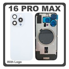 HQ OEM Συμβατό Με Apple iPhone 16 Pro Max, iPhone 16 ProMax (A3296, A3084) Rear Back Battery Cover Middle Frame - Housing Πίσω Κάλυμμα Καπάκι Πλάτη Μπαταρίας + Camera Lens Τζαμάκι Κάμερας + Magsafe + Sim Tray White Titanium Άσπρο (Premium A+)
