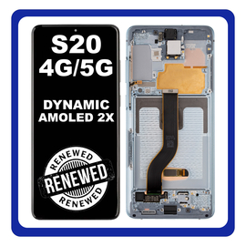 Γνήσια Original Samsung Galaxy S20 4G (SM-G980), S20 5G (SM-G981) Dynamic AMOLED 2X LCD Display Assembly Screen Οθόνη + Touch Screen Digitizer Μηχανισμός Αφής + Frame Bezel Πλαίσιο Cloud Blue Μπλε GH82-31432D No Camera (Renewed)