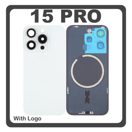 HQ OEM Συμβατό Με Apple iPhone 15 Pro, iPhone 15Pro (A2848, A3101) Rear Back Battery Cover Πίσω Κάλυμμα Καπάκι Πλάτη Μπαταρίας + Metal Plate + Camera Lens Τζαμάκι Κάμερας + Magsafe White Titanium Άσπρο (Premium A+)