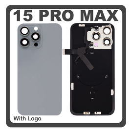 HQ OEM Συμβατό Με Apple iPhone 15 Pro Max, iPhone 15 ProMax (A2849, A3105) Rear Back Battery Cover Πίσω Κάλυμμα Καπάκι Πλάτη Μπαταρίας + Camera Lens Τζαμάκι Κάμερας + Magsafe + NFC Natural Titanium Γκρι (Premium A+)