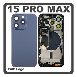 HQ OEM Συμβατό Με Apple iPhone 15 Pro Max, iPhone 15 ProMax (A2849, A3105) Rear Back Battery Cover Middle Frame- Housing Πίσω Κάλυμμα Καπάκι Πλάτη Μπαταρίας + Power Button + Volume Button Flex Cable + Sim Card Tray + Flashlight Flex + NFC Blue Titanium Μπλε (Premium A+)