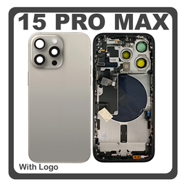 HQ OEM Συμβατό Με Apple iPhone 15 Pro Max, iPhone 15 ProMax (A2849, A3105) Rear Back Battery Cover Middle Frame- Housing Πίσω Κάλυμμα Καπάκι Πλάτη Μπαταρίας + Power Button + Volume Button Flex Cable + Sim Card Tray + Flashlight Flex + NFC Natural​ Titanium Γκρι (Premium A+)