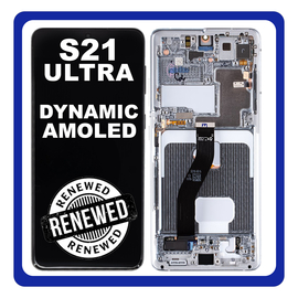 Γνήσια Original Samsung Galaxy S21 Ultra 5G G998 (SM-G998B, SM-G998B/DS) Dynamic AMOLED Οθόνη LCD Display Screen + Touch Screen DIgitizer Μηχανισμός Αφής + Frame Πλαίσιο NO CAMERA GH82-26035B GH82-26036B Phantom Silver Ασημί (Renewed)