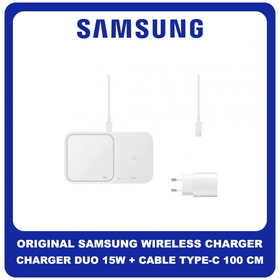 Γνήσια Original Samsung Wireless Charger Duo 15W, EP-P5400TWE Ασύρματος Φορτιστής + Cable Καλώδιο Type-C To Type-C 100CM White Άσπρο EP-P5400TWEGEU (Service Pack By Samsung)
