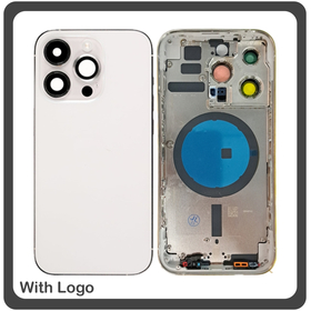 HQ OEM Συμβατό Με Apple iPhone 14 Pro (A2890), Rear Back Battery Cover Middle Frame- Housing Πίσω Κάλυμμα Καπάκι Πλάτη Μπαταρίας - Σασί + Camera Lens Τζαμάκι Κάμερας + Side Keys Πλαινά πλήκτρα  + Sim Tray Θήκη Κάρτας Silver Ασημί (Premium A+)