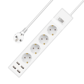 Extension Socket no Brand, 4 Way, 250v, 16a, Cable, 1.5m., 4 x usb f, With Switch, White - 17887