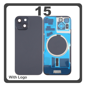 HQ OEM Συμβατό Με iPhone 15 , iPhone15 (A3090, A2846) Rear Back Battery Cover Πίσω Κάλυμμα Καπάκι Πλάτη Μπαταρίας + Metal Plate + Camera Lens Τζαμάκι Κάμερας + Magsafe Black Μαύρο (Premium A+)