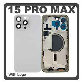 HQ OEM Συμβατό Με Apple iPhone 15 Pro Max, iPhone 15 ProMax (A2849, A3105) Rear Back Battery Cover Middle Frame- Housing Πίσω Κάλυμμα Καπάκι Πλάτη Μπαταρίας + Camera Lens Τζαμάκι Κάμερας + Sim Card Tray + Magsafe + NFC Natural Titanium Γκρι (Premium A+)
