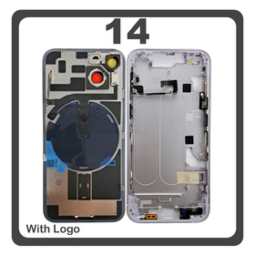 HQ OEM Συμβατό Με Apple iPhone 14, iPhone14 (A2882, A2649) Rear Back Battery Cover Middle Frame + Housing Πίσω Κάλυμμα Καπάκι Πλάτη Μπαταρίας - Σασί + Camera Lens Τζαμάκι Κάμερας + Side Keys  + Sim Tray Θήκη Κάρτας + Flashlight + NFC Purple Μωβ (Premium A+)