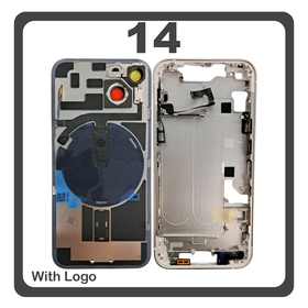 HQ OEM Συμβατό Με Apple iPhone 14, iPhone14 (A2882, A2649) Rear Back Battery Cover Middle Frame + Housing Πίσω Κάλυμμα Καπάκι Πλάτη Μπαταρίας - Σασί + Camera Lens Τζαμάκι Κάμερας + Side Keys  + Sim Tray Θήκη Κάρτας + Flashlight + NFC​ White Άσπρο (Premium A+)