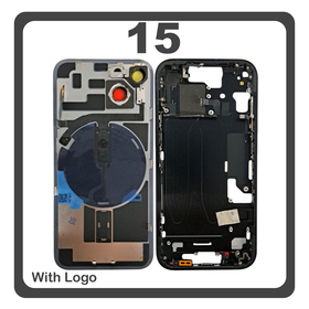 HQ OEM Συμβατό Με iPhone 15 , iPhone15 (A3090, A2846) Rear Back Battery Cover Middle Frame + Housing Πίσω Κάλυμμα Καπάκι Πλάτη Μπαταρίας - Σασί + Camera Lens Τζαμάκι Κάμερας + Side Keys  + Sim Tray Θήκη Κάρτας + Flashlight + NFC Black Μαύρο (Premium A+)