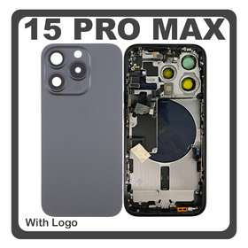 HQ OEM Συμβατό Με Apple iPhone 15 Pro Max, iPhone 15 ProMax (A2849, A3105) Rear Back Battery Cover Middle Frame- Housing Πίσω Κάλυμμα Καπάκι Πλάτη Μπαταρίας + Power Button + Volume Button Flex Cable + Sim Card Tray + Flashlight Flex + NFC Black Titanium Μαύρο (Premium A+)