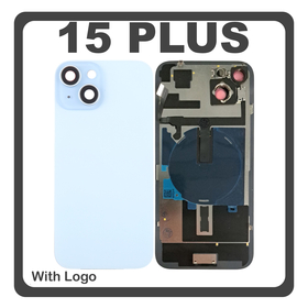 HQ OEM Συμβατό Με Apple iPhone 15 Plus, iPhone 15+ (A3094, A2847) Rear Back Battery Cover Middle Frame + Housing Πίσω Κάλυμμα Καπάκι Πλάτη Μπαταρίας - Σασί + Camera Lens Τζαμάκι Κάμερας + Side Keys  + Sim Tray Θήκη Κάρτας + Flashlight + NFC Blue Μπλε (Premium A+)