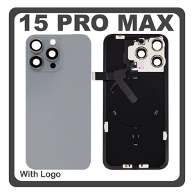HQ OEM Συμβατό Με Apple iPhone 15 Pro Max, iPhone 15 ProMax (A2849, A3105) Rear Back Battery Cover Πίσω Κάλυμμα Καπάκι Πλάτη Μπαταρίας + Camera Lens Τζαμάκι Κάμερας + Magsafe + NFC Natural Titanium Γκρι (Premium A+)