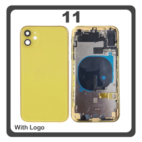 HQ OEM Συμβατό Με Apple iPhone 11 (A2221, A2111) Rear Back Battery Cover Middle Frame- Housing Πίσω Κάλυμμα Καπάκι Πλάτη Μπαταρίας + Power Button + Volume Button Flex Cable + Sim Card Tray + Flashlight Flex + NFC Yellow Κίτρινο (Premium A+)