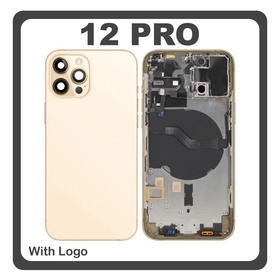 HQ OEM Συμβατό Με Apple iPhone 12 Pro, (A2407, A2341) Rear Back Battery Cover Middle Frame- Housing Πίσω Κάλυμμα Καπάκι Πλάτη Μπαταρίας + Power Button + Volume Button Flex Cable + Sim Card Tray + Flashlight Flex + NFC Gold Χρυσό (Premium A+)