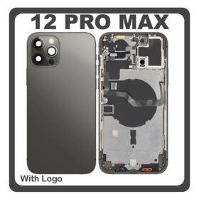 HQ OEM Συμβατό Με Apple iPhone 12 Pro Max, iPhone12 Pro Max (A2411, A2342) Rear Back Battery Cover Middle Frame- Housing Πίσω Κάλυμμα Καπάκι Πλάτη Μπαταρίας + Power Button + Volume Button Flex Cable + Sim Card Tray + Flashlight Flex + NFC Black Μαύρο (Premium A+)