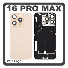 HQ OEM Συμβατό Με Apple iPhone 16 Pro Max, iPhone 16 ProMax (A3296, A3084) Rear Back Battery Cover Πίσω Κάλυμμα Καπάκι Πλάτη Μπαταρίας + Metal Plate + Camera Lens Τζαμάκι Κάμερας + Magsafe + NFC + Flashlight Flex Desert Titanium Χρυσό (Premium A+)
