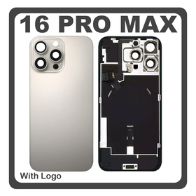 HQ OEM Συμβατό Με Apple iPhone 16 Pro Max, iPhone 16 ProMax (A3296, A3084) Rear Back Battery Cover Πίσω Κάλυμμα Καπάκι Πλάτη Μπαταρίας + Metal Plate + Camera Lens Τζαμάκι Κάμερας + Magsafe + NFC + Flashlight Flex Natural Titanium Γκρι​ (Premium A+)