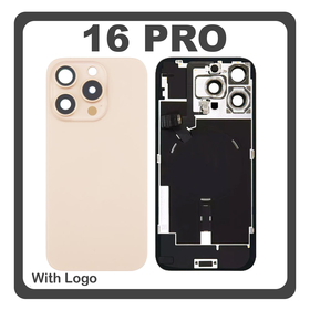 HQ OEM Συμβατό Με Apple iPhone 16 Pro, iPhone 16Pro (A3293, A3083) Rear Back Battery Cover Πίσω Κάλυμμα Καπάκι Πλάτη Μπαταρίας + Metal Plate + Camera Lens Τζαμάκι Κάμερας + Magsafe + NFC + Flashlight Desert Titanium Χρυσό (Premium A+)