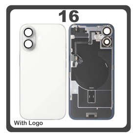 HQ OEM Συμβατό Με Apple iPhone 16, iPhone16 (A3287, A3081) Rear Back Battery Cover Πίσω Κάλυμμα Καπάκι Πλάτη Μπαταρίας + Middle Frame - Housing + Camera Lens Τζαμάκι Κάμερας + Magsafe + NFC + Flashlight Flex White Άσπρο (Premium A+)