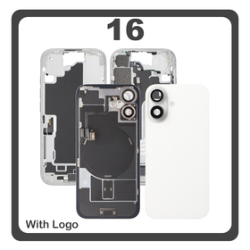 HQ OEM Συμβατό Με Apple iPhone 16, iPhone16 (A3287, A3081) Rear Back Battery Cover Πίσω Κάλυμμα Καπάκι Πλάτη Μπαταρίας + Middle Frame - Housing + Camera Lens Τζαμάκι Κάμερας + Magsafe + NFC + Flashlight Flex White Άσπρο (Premium A+)