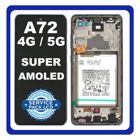 Original Γνήσιο Samsung Galaxy A72 4G (A725F, A725F/DS) A72 5G (A726B, A726B/DS) Super AMOLED LCD Display Screen Assembly Οθόνη + Touch Screen Digitizer Μηχανισμός Αφής + Frame Bezel Πλαίσιο Σασί + Battery Μπαταρία White GH82-25542D (Service Pack By Samsung)