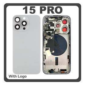 HQ OEM Συμβατό Με Apple iPhone 15 Pro, iPhone 15Pro (A2848, A3101) Rear Back Battery Cover Middle Frame- Housing Πίσω Κάλυμμα Καπάκι Πλάτη Μπαταρίας + Power Button + Volume Button Flex Cable + Sim Card Tray + Flashlight Flex + NFC Natural Titanium Γκρι (Premium A+)