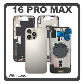 HQ OEM Συμβατό Με Apple iPhone 16 Pro Max, iPhone 16 ProMax (A3296, A3084) Rear Back Battery Cover Middle Frame - Housing Πίσω Κάλυμμα Καπάκι Πλάτη Μπαταρίας + Camera Lens Τζαμάκι Κάμερας + Magsafe + Sim Tray Natural Titanium Γκρι (Premium A+)