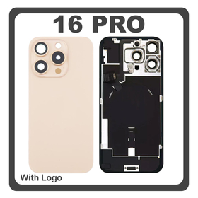 HQ OEM Συμβατό Με Apple iPhone 16 Pro, iPhone 16Pro (A3293, A3083) Rear Back Battery Cover Middle Frame - Housing Πίσω Κάλυμμα Καπάκι Πλάτη Μπαταρίας + Camera Lens Τζαμάκι Κάμερας + Magsafe + NFC + Flashlight Flex Desert Titanium Χρυσό (Premium A+)