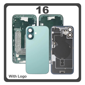 HQ OEM Συμβατό Με Apple iPhone 16, iPhone16 (A3287, A3081) Rear Back Battery Cover Πίσω Κάλυμμα Καπάκι Πλάτη Μπαταρίας + Middle Frame - Housing + Camera Lens Τζαμάκι Κάμερας + Magsafe + NFC + Flashlight Flex Teal Τιρκουάζ (Premium A+)