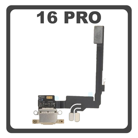 Γνήσια Original For Apple iPhone 16 Pro, iPhone16 Pro (A3293, A3083) Charging Dock Connector Type C Flex Καλωδιοταινία Κονέκτορας Φόρτισης + Microphone Μικρόφωνο Desert Titanium Χρυσό Pulled