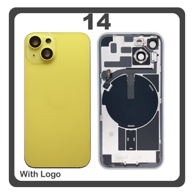 HQ OEM Συμβατό Με Apple iPhone 14, iPhone14 (A2882, A2649) Rear Back Battery Cover Πίσω Κάλυμμα Καπάκι Πλάτη Μπαταρίας + Metal Plate + Camera Lens Τζαμάκι Κάμερας + Magsafe + NFC Yellow Κίτρινο (Premium A+)
